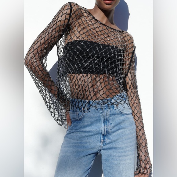 Sold NWT Zara RHINESTONE MESH TOP. Size medium/large. - Picture 9 of 9